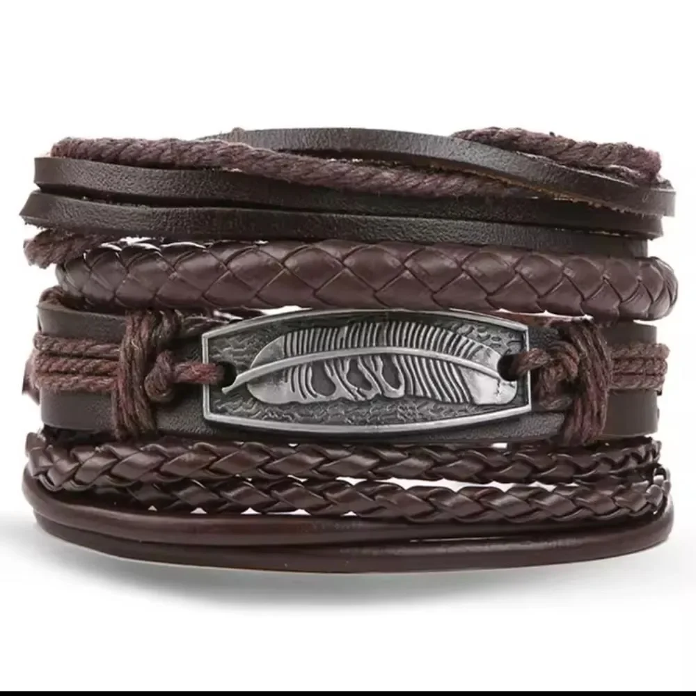 Men's leather bracelet set braided layered beaded‎ new e97